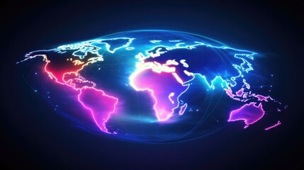 Fototapeta premium A world map overlaying a translucent digital globe, with trading routes illuminated in glowing lines, abstract tech design, neon palette