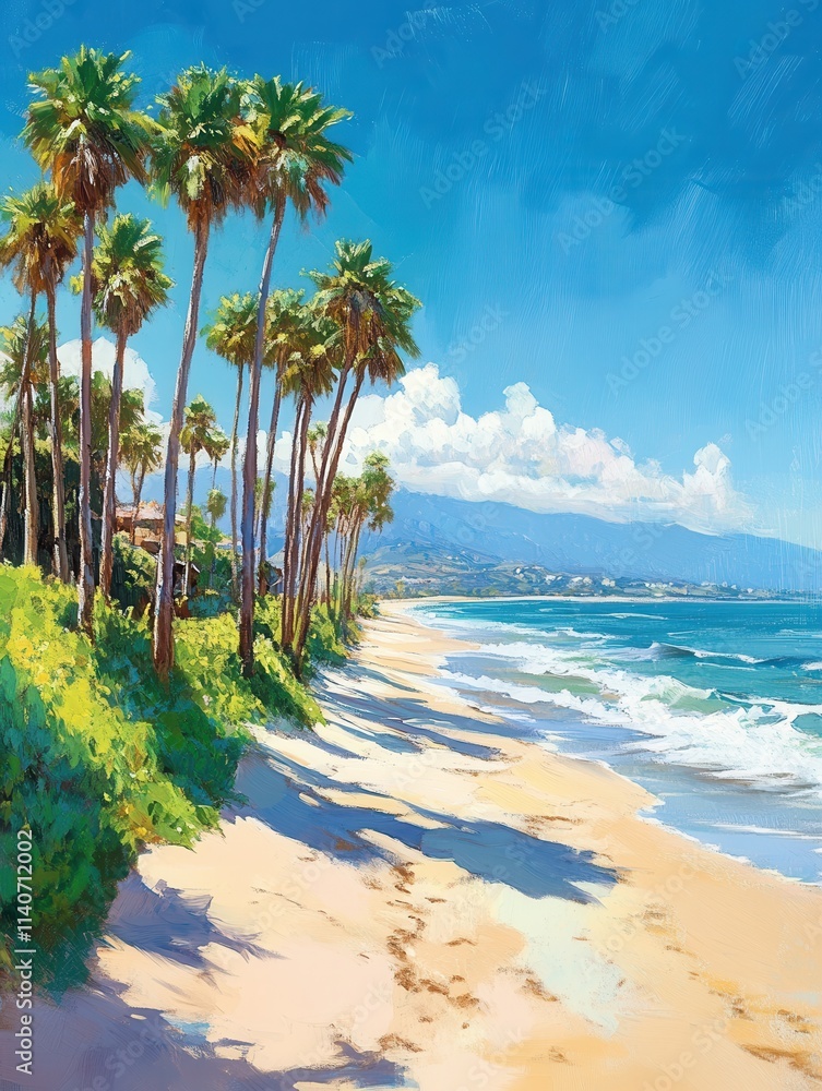 Poster palm trees gently swaying along a sandy beach in bright sunlight with waves lapping at the shore