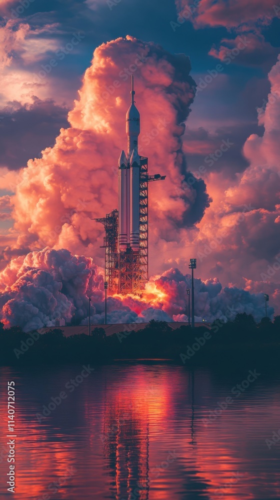Poster rocket poised for launch on a misty launch pad at dusk with vibrant clouds and reflective water in t