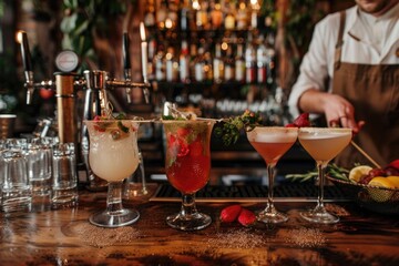 Bartender Cocktails. Glasses of Drinks on the Table at a Summer Cocktail Bar