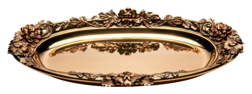 PNG Ornate oval platter with intricate floral designs and a polished golden surface.