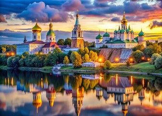 Fototapeta premium Stunning Oka River Russia Architecture: Breathtaking Riverfront Buildings & Landscapes