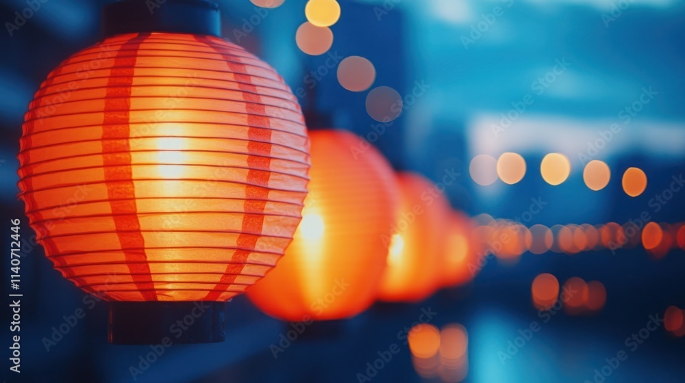 Poster a serene scene featuring glowing red lanterns illuminating a tranquil setting.