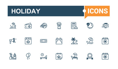 Holiday icon set. Contains related to art, glasses, cream, deer, snow, celebration, decoration and more. Thin outline icons pack. Solid line editable stroke. Vector line and solid icons.