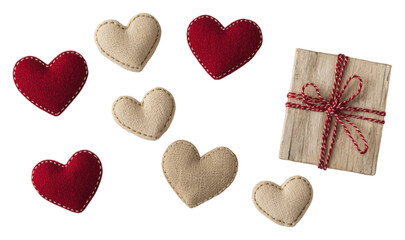 PNG Seven plush hearts in red and beige, accompanied by a small gift box tied with a red ribbon.
