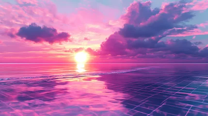 Fototapeten Synthwave sunset landscape with reflective grid. Reflective. Illustration © Thiago