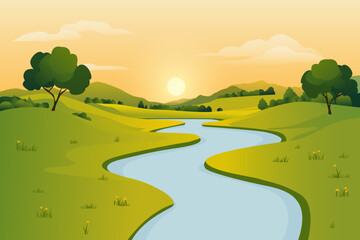 Fototapeta premium Spring landscape vector illustration of a river flowing along green hills, meadows, trees and fields against the backdrop of the setting sun. Landscape of spring nature.