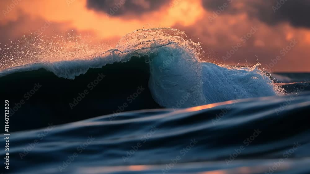 Aufkleber waves rise and fall under a sunset sky, creating dynamic patterns while reflecting shades of orange 