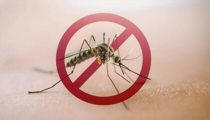 Close-Up of Mosquito on Human Skin with Red Prohibition Symbol. Anti Mosquito Campaign Image for Pest Control, Disease Prevention, Dengue and Malaria Awareness, Insect Repellent Concept Visual Aid