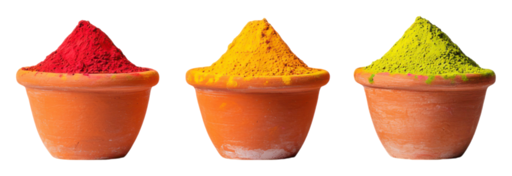 PNG Three clay pots filled with Holi vibrant red, yellow, and green powders arranged in a line. - Powered by Adobe