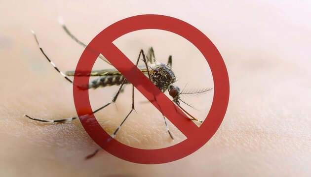 Close-Up of Mosquito on Human Skin with Red Prohibition Symbol. Anti Mosquito Campaign Image for Pest Control, Disease Prevention, Dengue and Malaria Awareness, Insect Repellent Concept Visual Aid