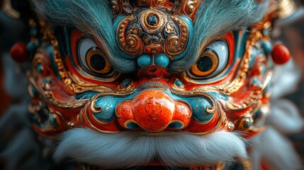 A traditional lion dance mask, painted red, gold, and green, with ornate details.