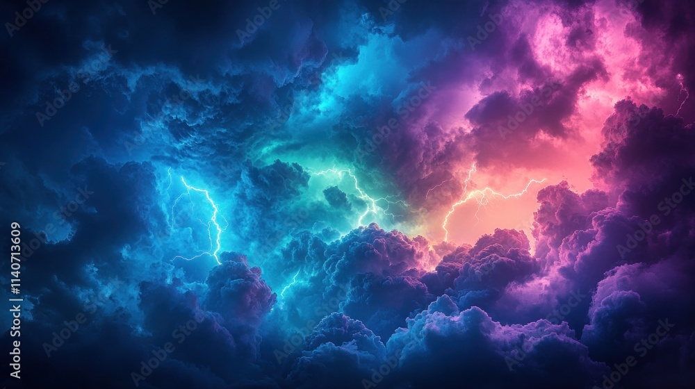 Poster a vibrant display of colorful storm clouds illuminated by lightning.