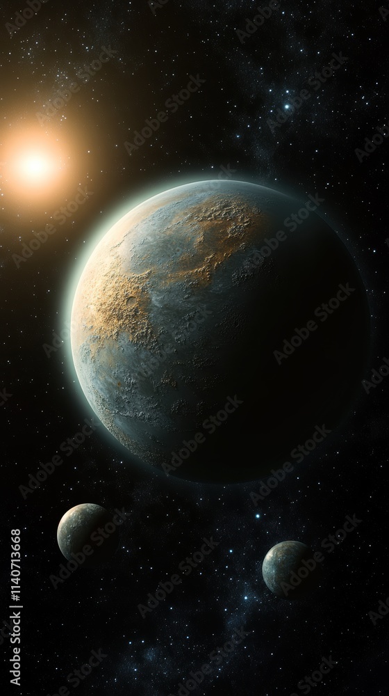Aufkleber panoramic view of a distant planet illuminated by its sun with two smaller celestial bodies nearby