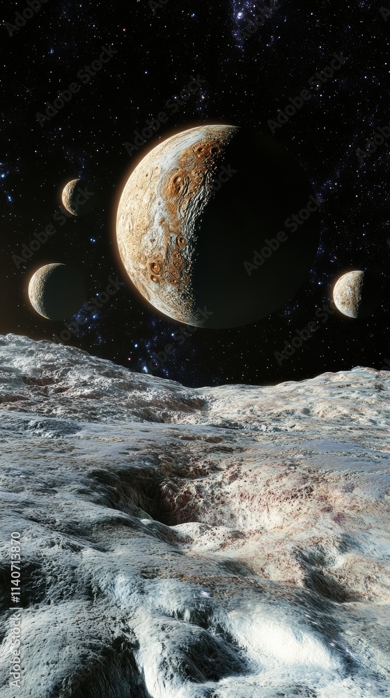 Poster distant planet viewed from a rocky lunar landscape amidst a starry sky with multiple moons orbiting