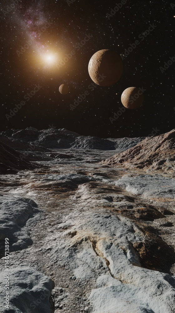 Poster Vast panoramic view of a distant planet with multiple celestial bodies shining in the darkness of space