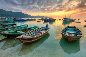 Fototapeta premium Fishing boats sit on calm water at sunset