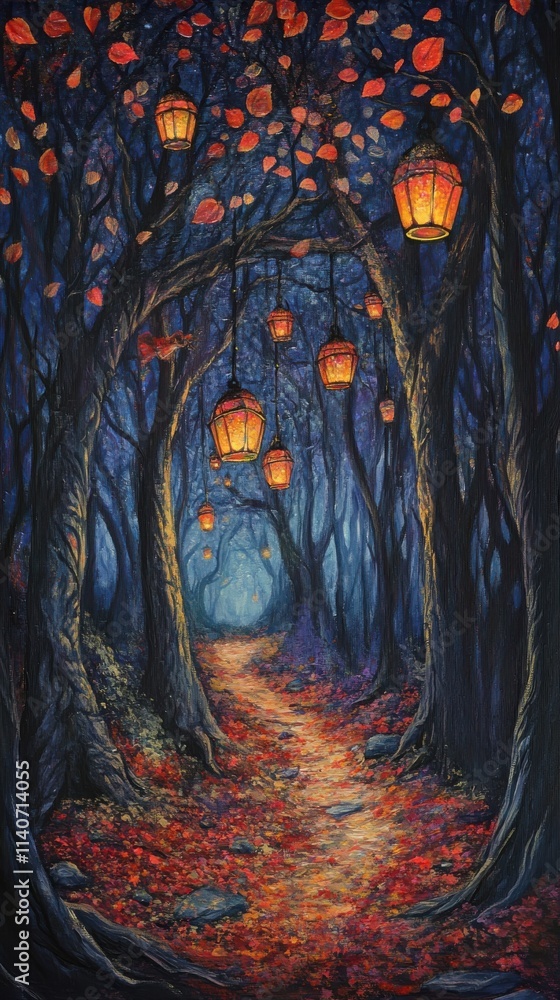 Poster Mysterious woodland path illuminated by lanterns in a serene forest during autumn twilight