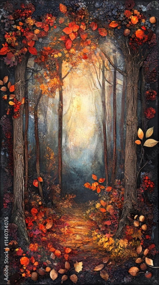 Poster mystical autumn forest with vibrant foliage and a tranquil path leading into the enchanting wilderne
