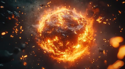 Fototapeta premium Exploding fireball in slow motion, glowing embers flying in all directions, dark background, ultra-detailed wallpaper 