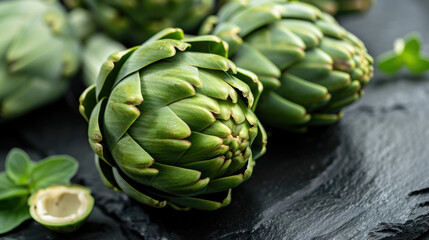 Fototapeta premium A detailed close-up of fresh green artichokes arranged on a textured slate surface, with vibrant green leaves and a halved artichoke showcasing its natural beauty. 