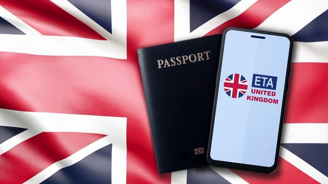 Close-up of a smartphone displaying Electronic Travel Authorization alongside a passport, set against the UK flag.