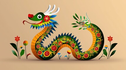 Obraz premium A colorful, artistic representation of a dragon adorned with flowers and leaves, set against a light background.