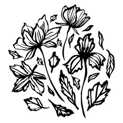 round composition with elegant vector hand drawn botanical line art with flowers and leaves for crafting, invitations, coloring books, tattoos, and minimalist decor. illustration for creative projects