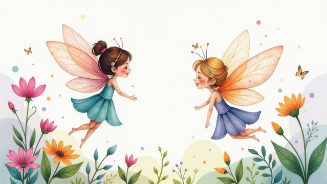 Seamless children's pattern with fairies and flowers,. pattern with cartoon fairy or elves for children, girls. Drawing for wallpaper, children's linen, poster, notebook cover