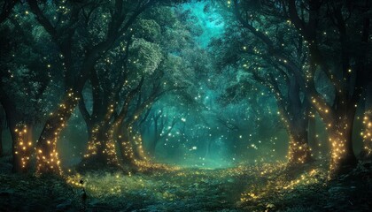 Obraz premium Enchanted Forest with Glowing Fireflies and Trees