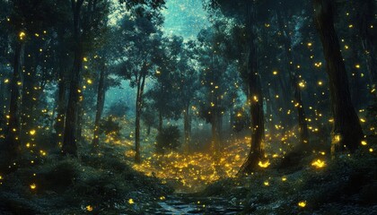 Enchanting Forest Path Illuminated by Fireflies at Dusk