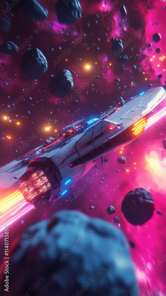 Aufkleber Futuristic spacecraft navigating through colorful asteroid field in a distant galaxy at twilight