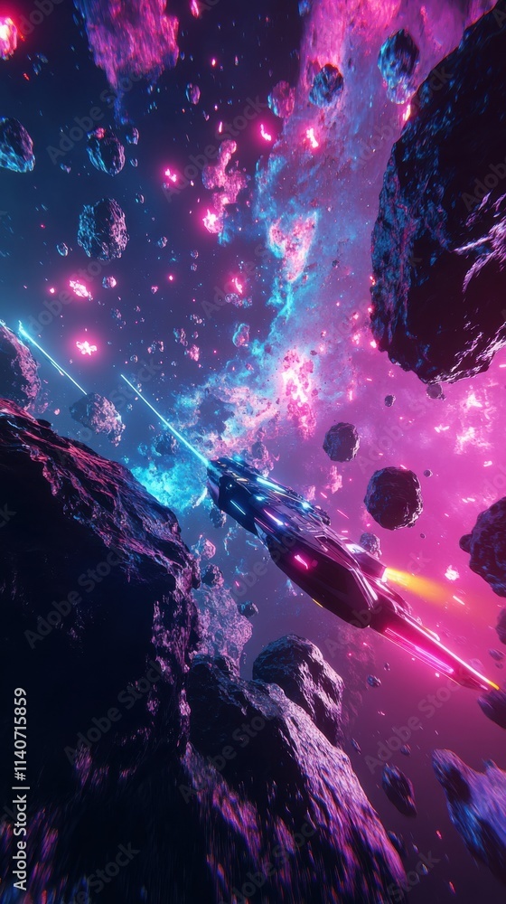 Poster futuristic interstellar journey through vibrant cosmic landscape with asteroids and colorful nebulae
