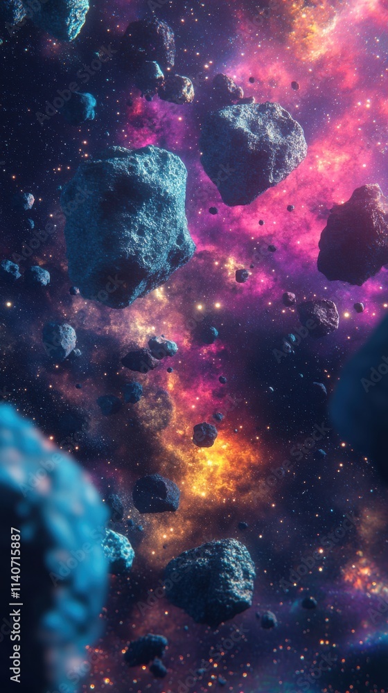 Poster exploring vibrant cosmic landscapes filled with colorful asteroids and swirling galaxies in a distan