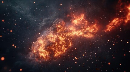 Naklejka premium Exploding fireball in slow motion, glowing embers flying in all directions, dark background, ultra-detailed wallpaper 