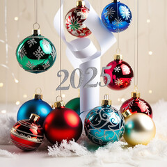 Christmas balls with white paper 2025 lettering. New Year celebrating.