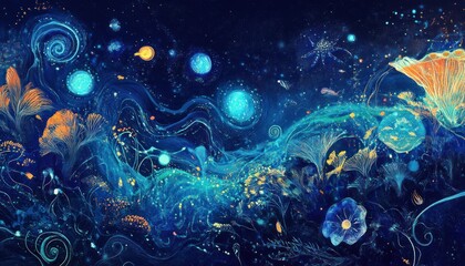 Fototapeta premium Abstract Underwater Landscape with Glowing Plants and Swirling Patterns
