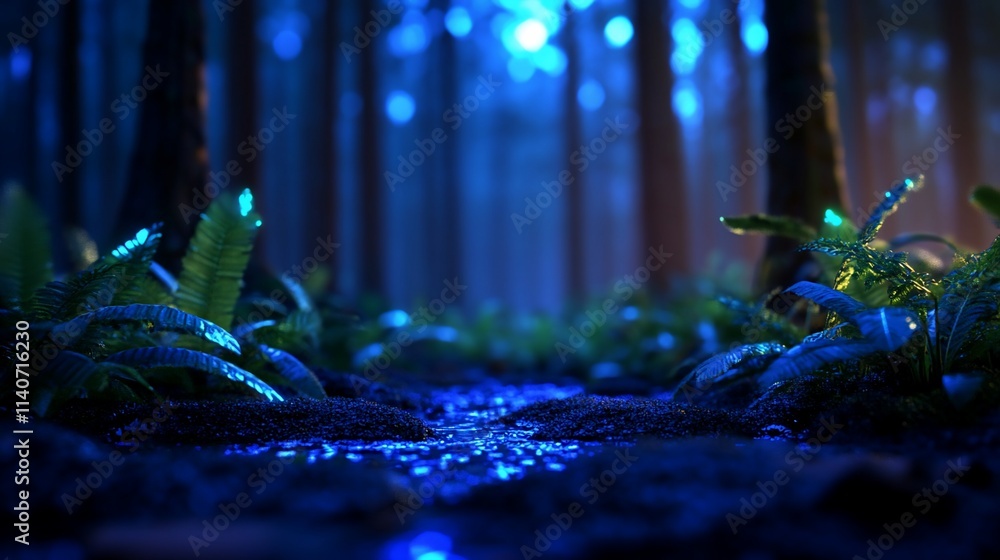 Poster enchanting moonlit forest path with glowing ferns and stream.