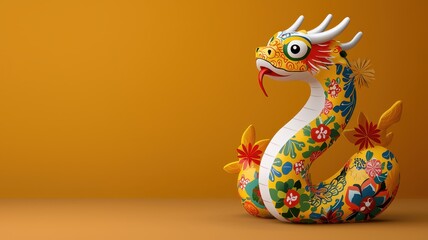 Obraz premium A vibrant, decorative dragon figurine with floral patterns, set against a warm orange background, symbolizing culture and artistry.