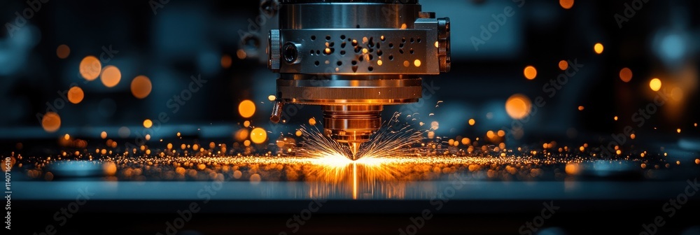 Poster a close-up of a precision laser cutting machine creating sparks.