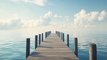 A serene wooden pier stretches into calm waters under a blue sky with fluffy clouds.