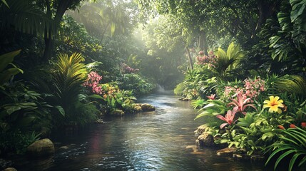 Serene tropical river scene surrounded by vibrant flora and soft morning light.