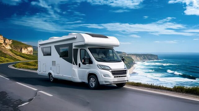 A camper van drives along a scenic coastal highway, showcasing breathtaking ocean views and lush landscapes under a clear blue sky