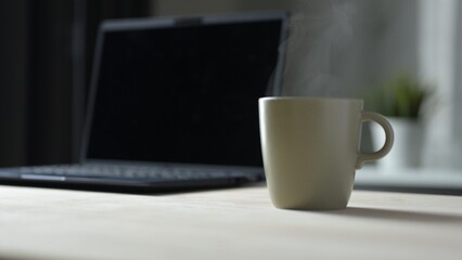 Morning Coffee Break at Home Office Relaxed Still Life with Steaming Mug Modern Workspace Cozy Ambiance