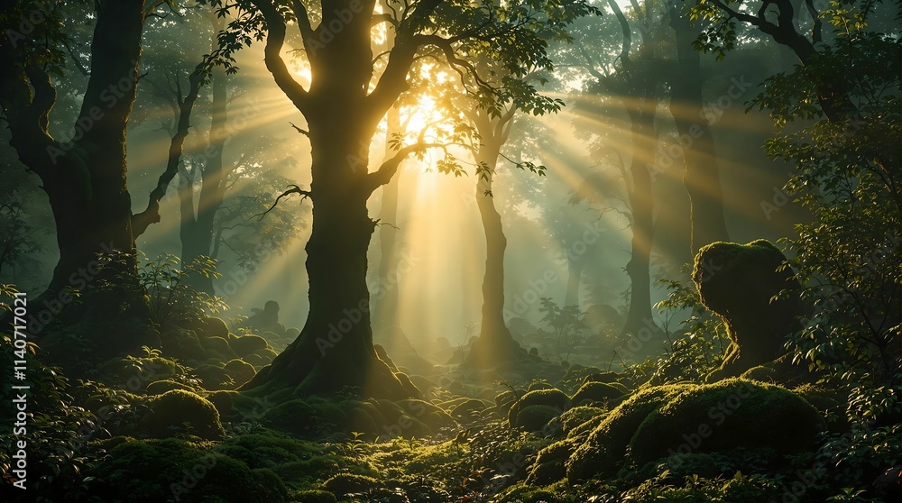 Poster  serene forest scene with sunlight streaming through the trees, creating a warm and peaceful atmosphere. The forest is lush with greenery and moss-covered rocks.