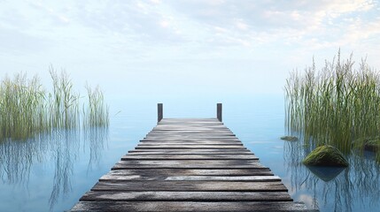Fototapeta premium A serene wooden dock stretches into a calm, blue lake surrounded by lush greenery, evoking a sense of tranquility.