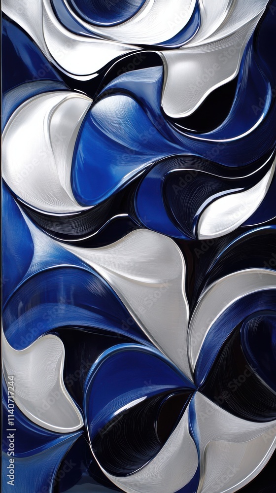 Aufkleber Dynamic abstract composition featuring flowing shapes in shades of blue, black, and white with a smooth texture and intricate forms