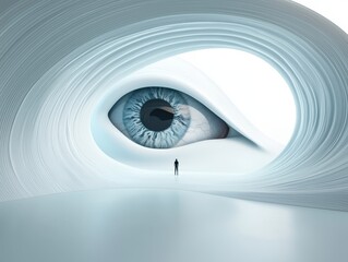A surreal representation of a giant eye within a flowing, abstract environment, conveying themes of perception and introspection.