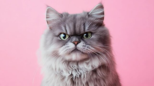 A Persian cat displays a grumpy expression while sitting against a soft pink backdrop, capturing attention with its unique looks
