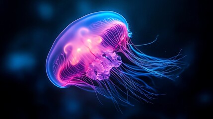 Fototapeta premium Glowing pink and blue jellyfish underwater.